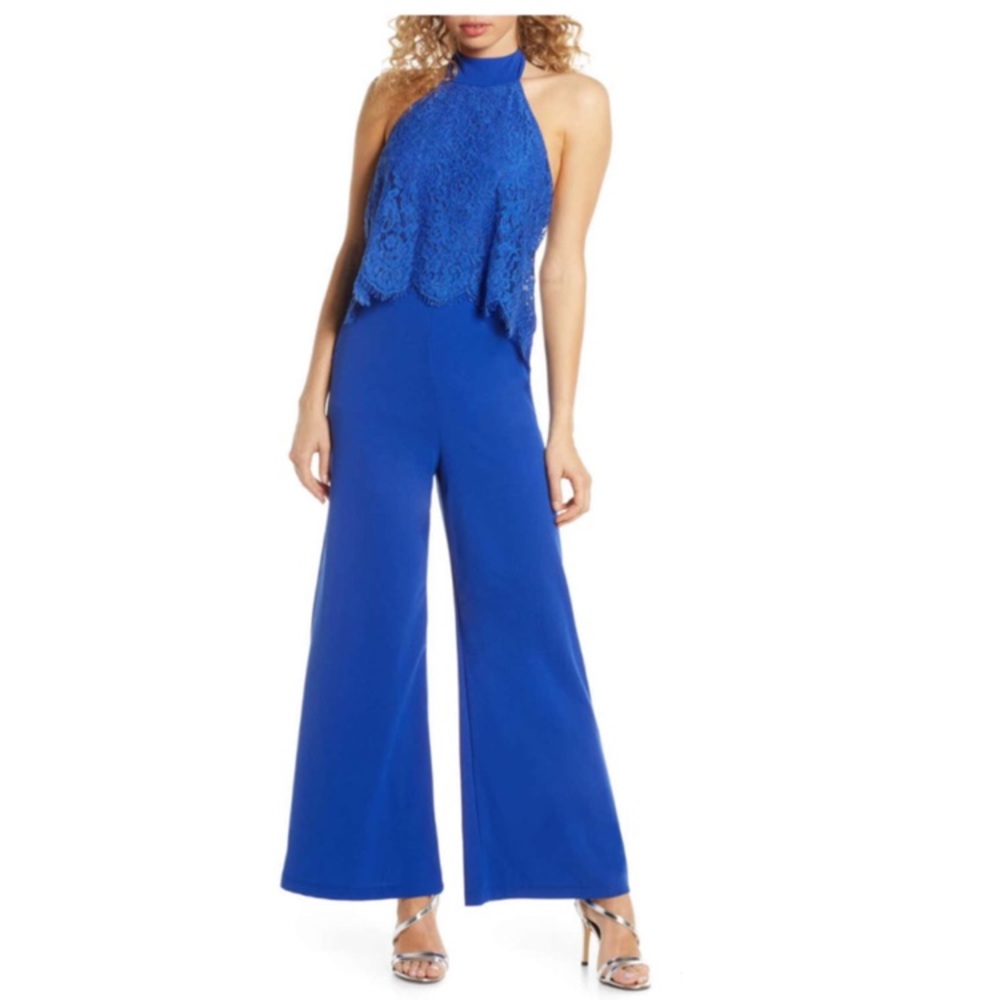NEW Lulu’s Lace Popover Wide Leg Halter Jumpsuit size M Blue